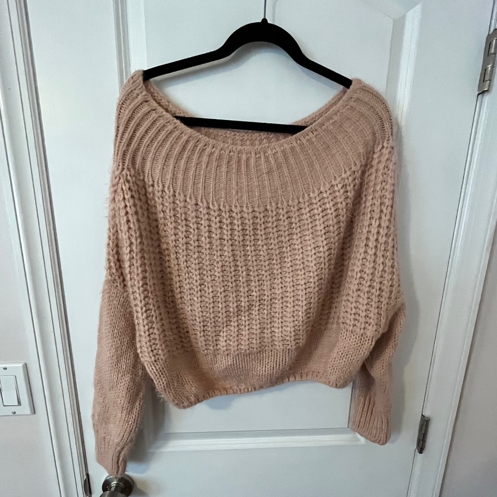 Pink Off-Should Fuzzy Sweater